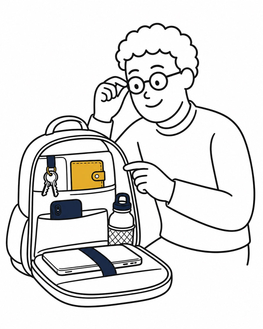 丸眼鏡のバッグ研究家が、開いたバッグの中の鍵、財布、スマートフォン、PC、水筒を確認している線画イラスト